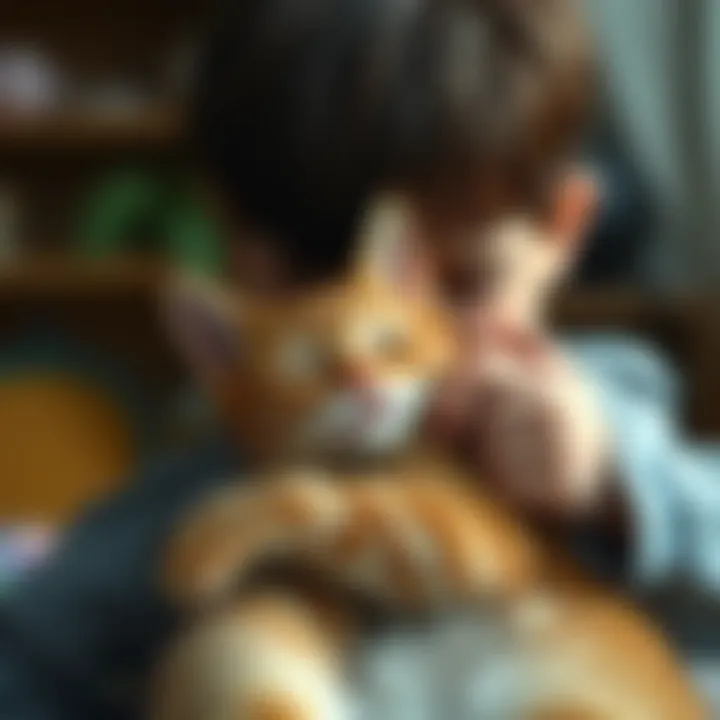 Emotional Bond: Child Embracing a Cat A child hugging a cat, representing the emotional connection formed with pets.