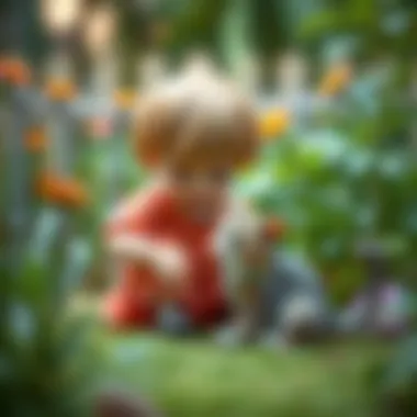 Playful Moments: Child and Cat in the Garden An imaginative scene of a child and cat playing together in a garden.