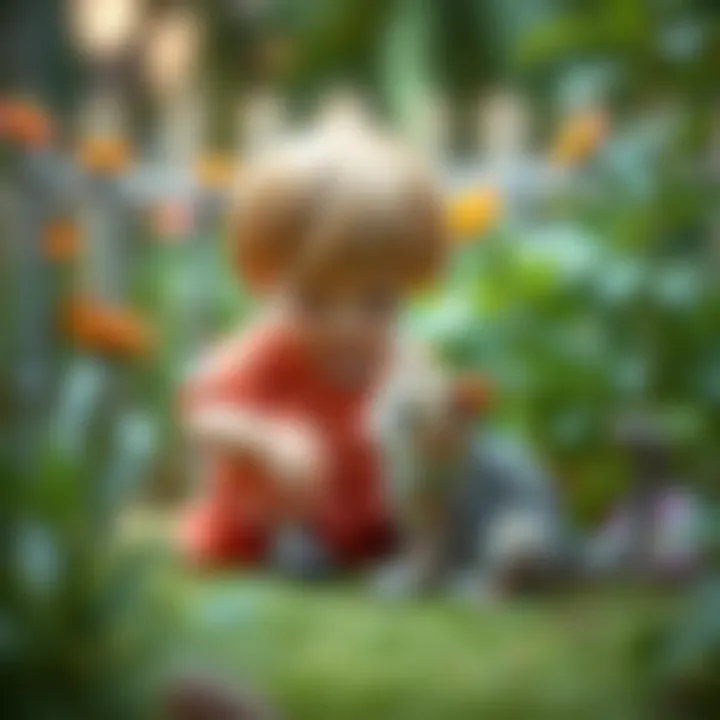 Playful Moments: Child and Cat in the Garden An imaginative scene of a child and cat playing together in a garden.