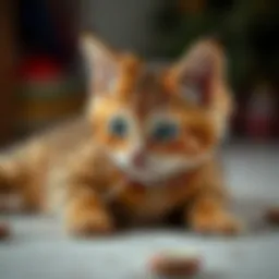 A lively cat playing with a feather toy
