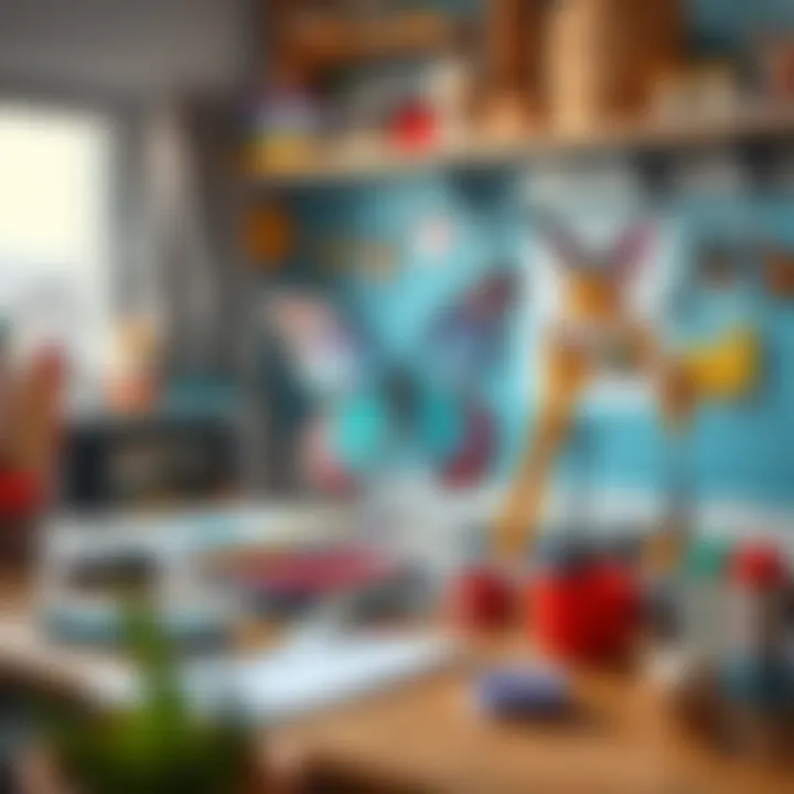 A creative workspace with various materials for butterfly wing design