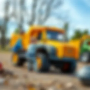 Children engaging with a large truck toy in an outdoor setting