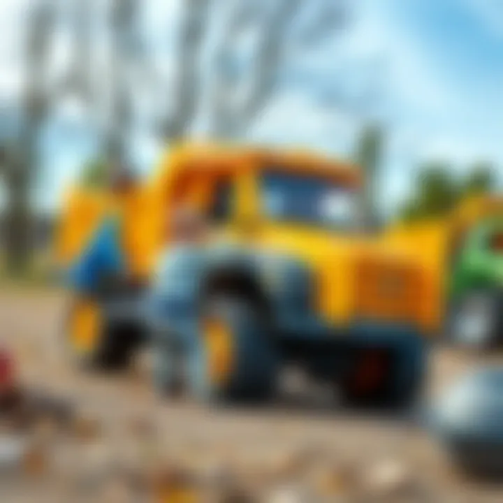 Children engaging with a large truck toy in an outdoor setting