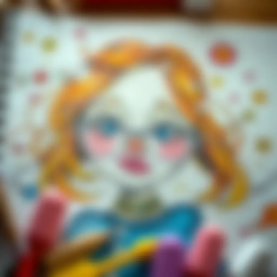A whimsical drawing of a girl with a playful expression, surrounded by colorful elements.