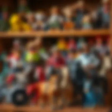 A variety of cowboy toys displayed on a wooden shelf