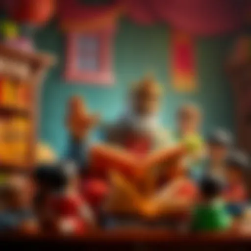 A vibrant illustration of King Shakir surrounded by books and children, inspiring a love for reading.