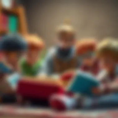 An engaging scene showing children engrossed in reading books, with King Shakir as a guiding figure.