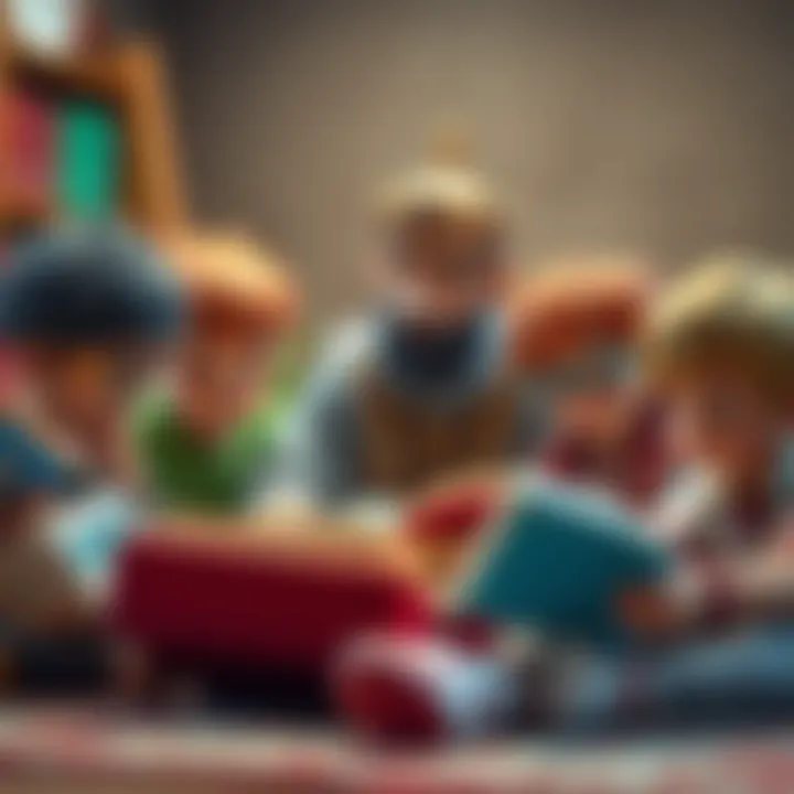 An engaging scene showing children engrossed in reading books, with King Shakir as a guiding figure.