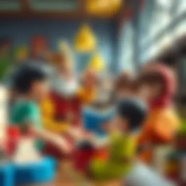 A colorful depiction of King Shakir interacting with children in a library, promoting the joys of literature.