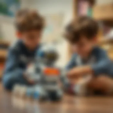 Children Engaging with Robot Toys Children engaging with educational remote-controlled robot toys