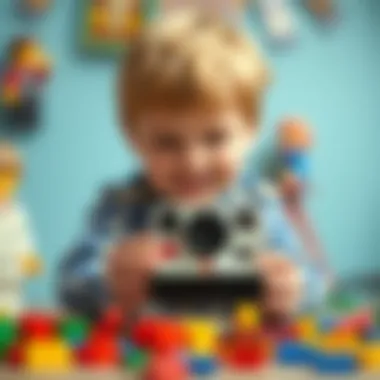 A child engaged in play with Lego and a Polaroid camera