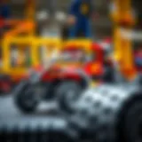 A detailed view of a complex Lego Technic vehicle showcasing engineering elements