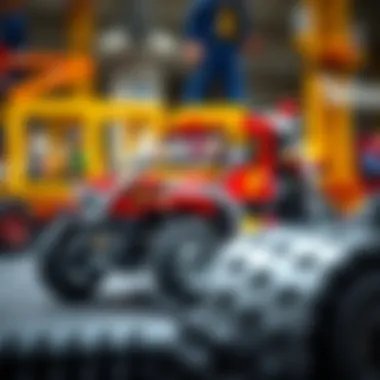 A detailed view of a complex Lego Technic vehicle showcasing engineering elements