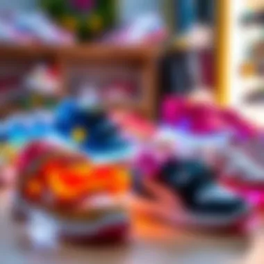 A vibrant display of light-up children's shoes in various styles.