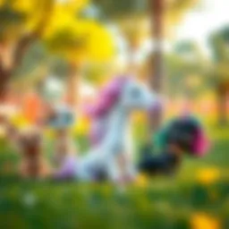 A vibrant illustration of LOL pets playing in a colorful park