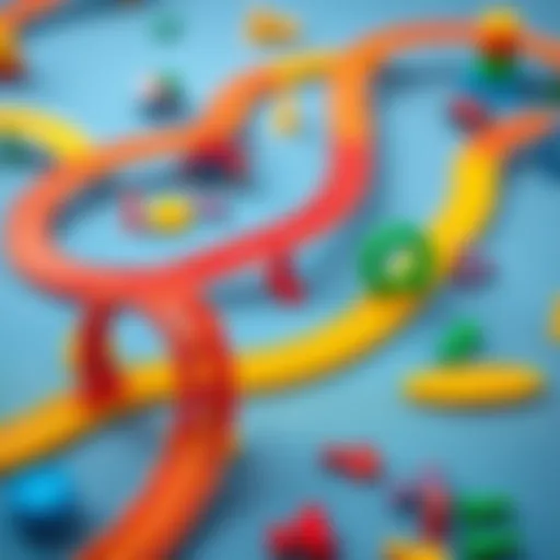 Colorful track pieces assembled in a creative layout