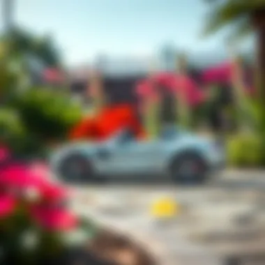 A sleek Mercedes AMG children's electric car parked in a vibrant garden setting