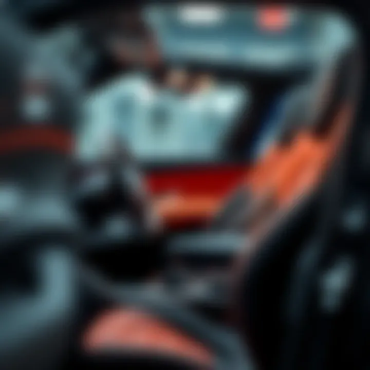 Close-up of the high-end interior of a Mercedes AMG electric car for kids, highlighting luxury features