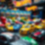 A vibrant display of various Hot Wheels cars available at Migros