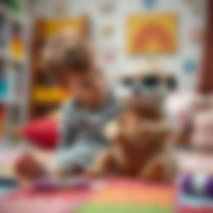A child playing with a meerkat plush toy in a colorful room
