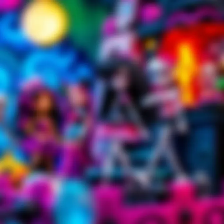 A vibrant display of the Monster High universe including characters and settings