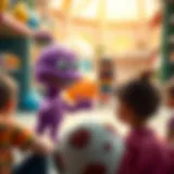 A vibrant purple character engaging with children in a playful environment