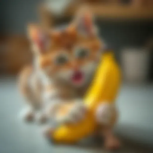 A playful cat engaging with a banana-shaped toy