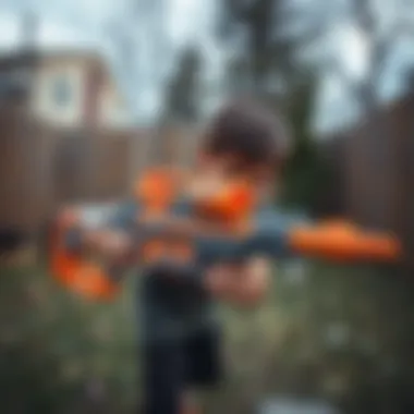Child playing with Nerf crossbow in a backyard