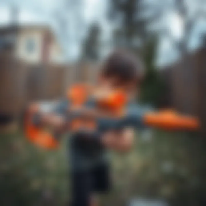 Child playing with Nerf crossbow in a backyard