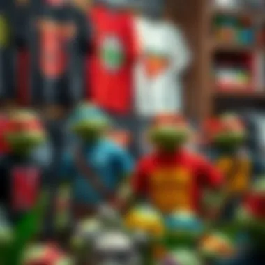 A vibrant collection of Ninja Turtles themed t-shirts displayed in a boutique setting.