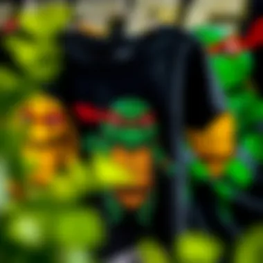 A close-up of unique graphic designs on Ninja Turtles t-shirts.