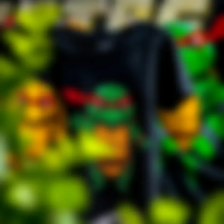 A close-up of unique graphic designs on Ninja Turtles t-shirts.