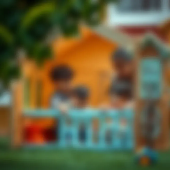 Parents observing their children playing in a toy playhouse.