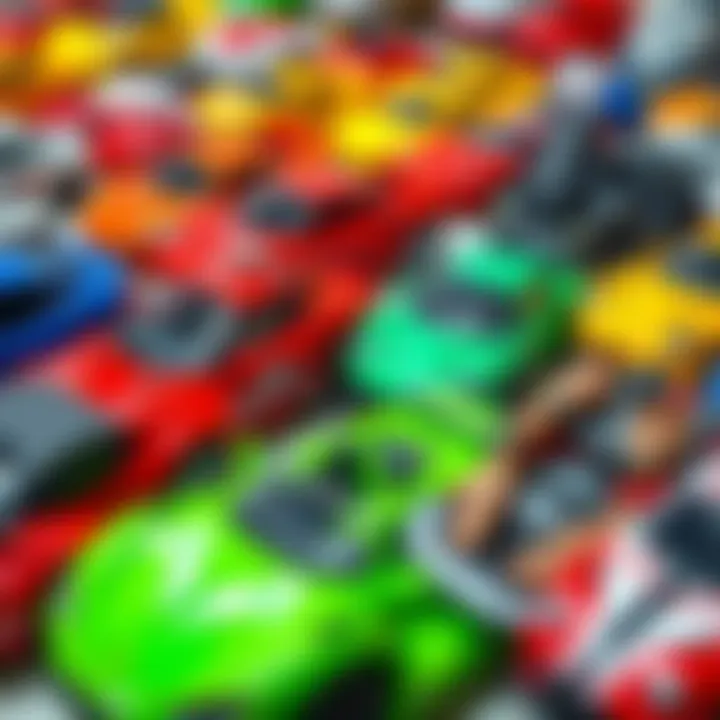 A vibrant display of various toy electric cars showcasing their unique designs and colors