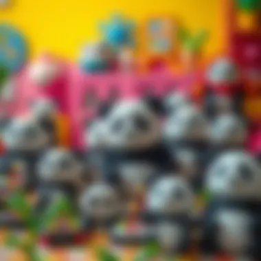 Various panda toys displayed in a colorful children's room