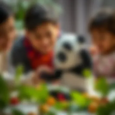 Parents observing their child engage with a panda toy during play therapy