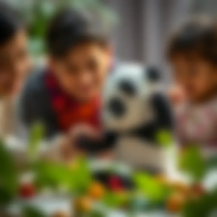 Parents observing their child engage with a panda toy during play therapy