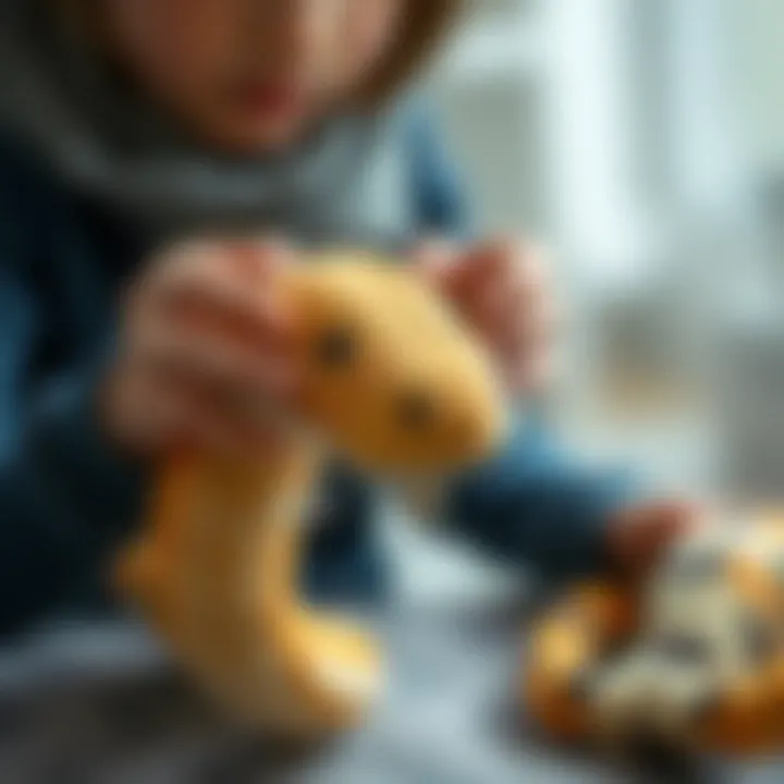 A parent caring for a plush snake toy, demonstrating maintenance tips