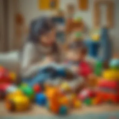 A cozy scene depicting a parent reading to a child with toys scattered around