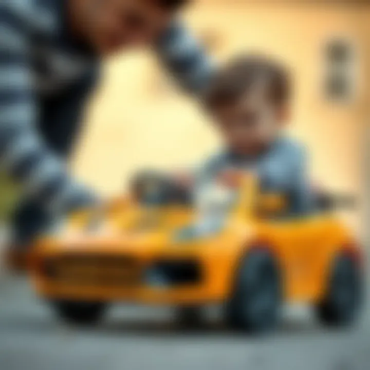 Parent and Child Interaction with Toy Car A parent assisting their child with a toy car