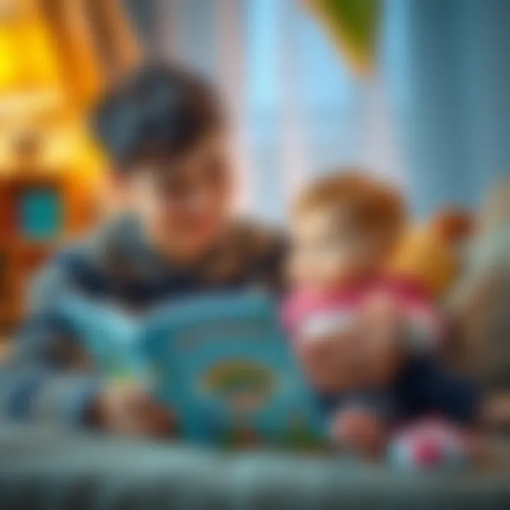 A parent reading a storybook to a baby in a cozy setting.