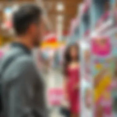 Parents selecting Barbie toys in a vibrant store aisle