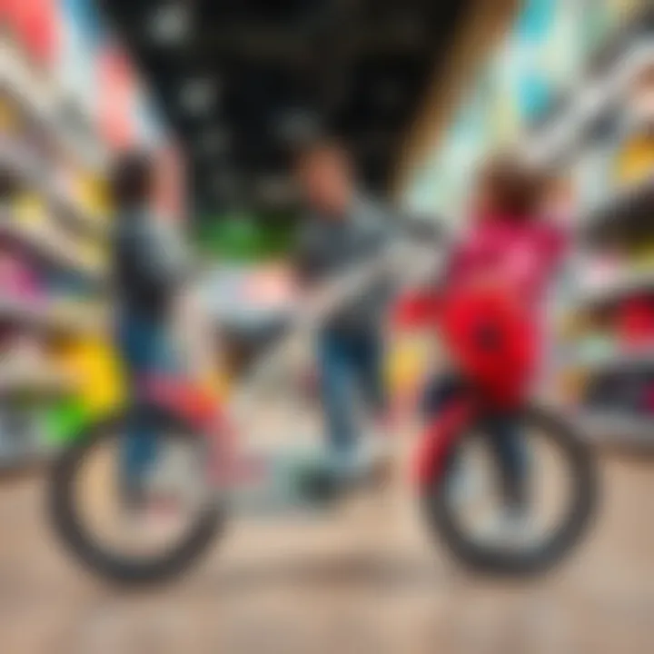 Parents choosing a three-wheeled bicycle in a store