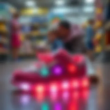 Parents selecting light-up shoes for their child.