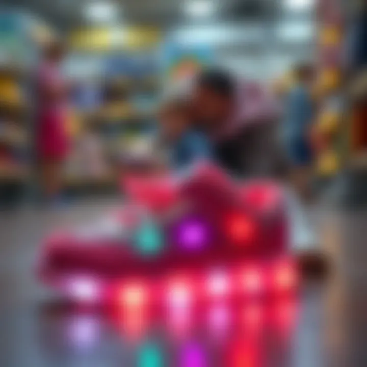 Parents selecting light-up shoes for their child.