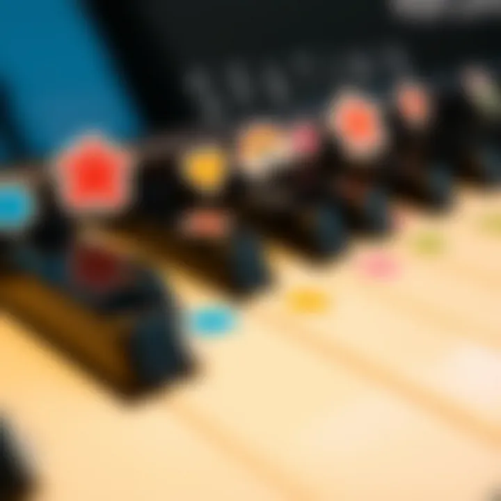 Close-up of piano keys with playful stickers for kids