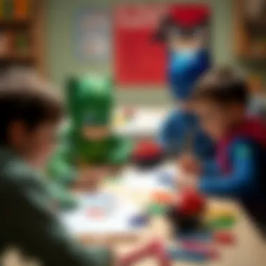 Family enjoying PJ Masks themed art time