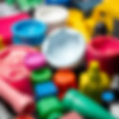 An artistic display of various plastic paint types arranged creatively