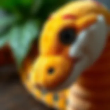 A close-up of a plush snake toy, highlighting its features