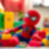 A plush Spider-Man toy surrounded by colorful building blocks, encouraging creativity.